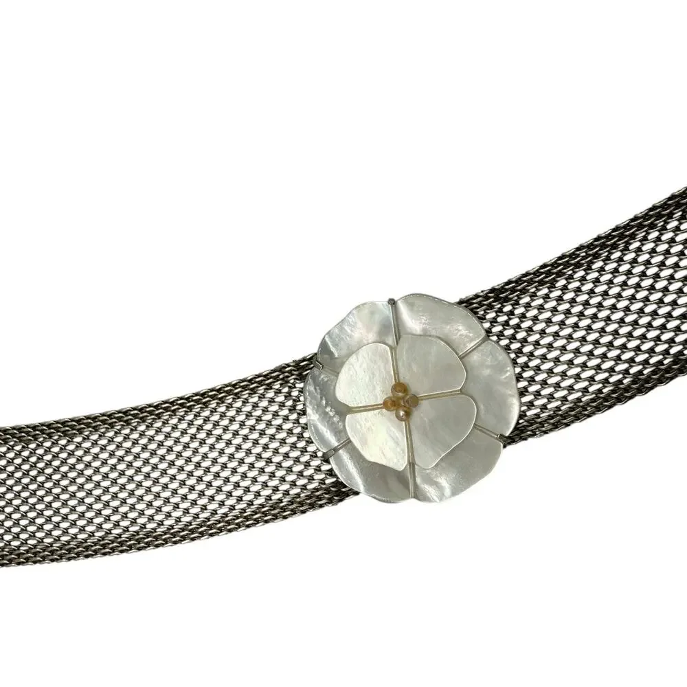 CHANEL Camellia with mesh silver choker collar.